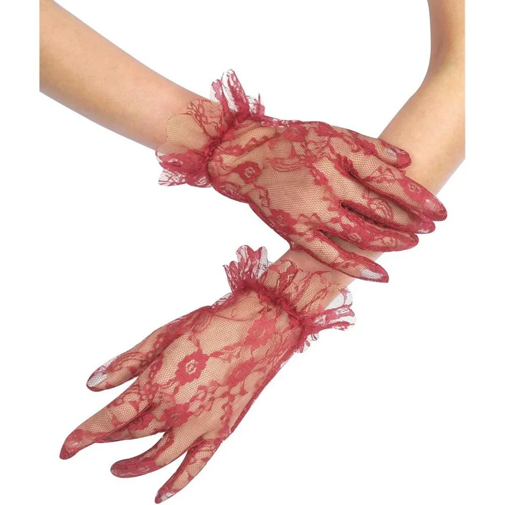 Women's Red Vintage Evening Short Lace Gloves Wedding Party Prom Accessories - Picture 1 of 6